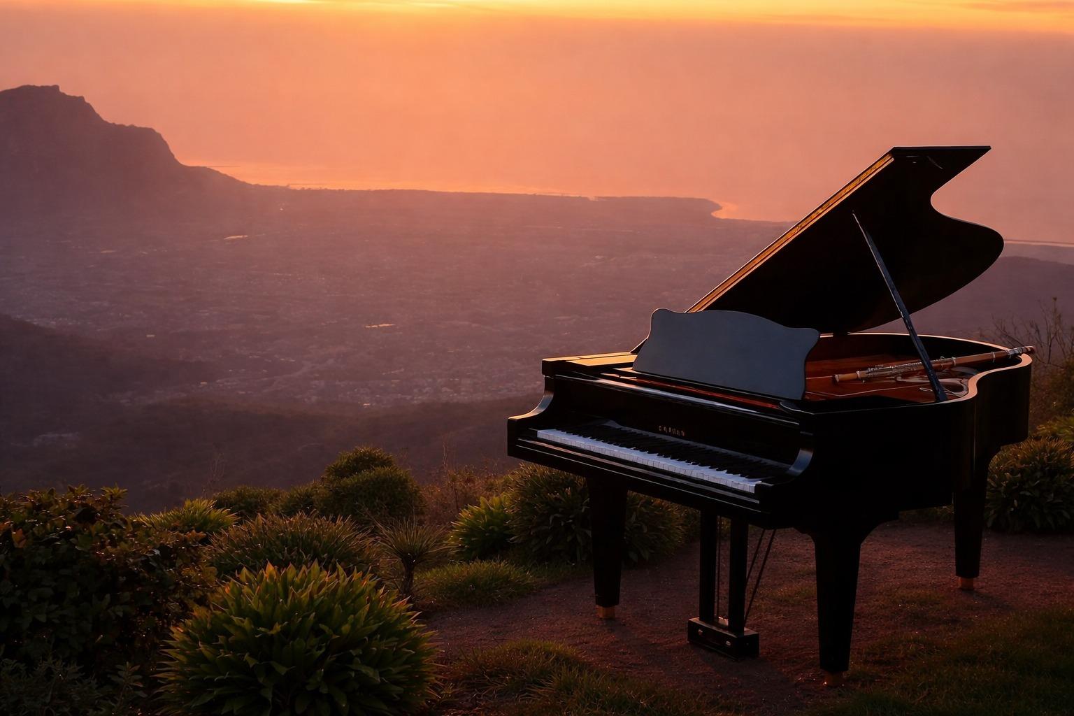 A flute and a piano on the mountain with the city in the background